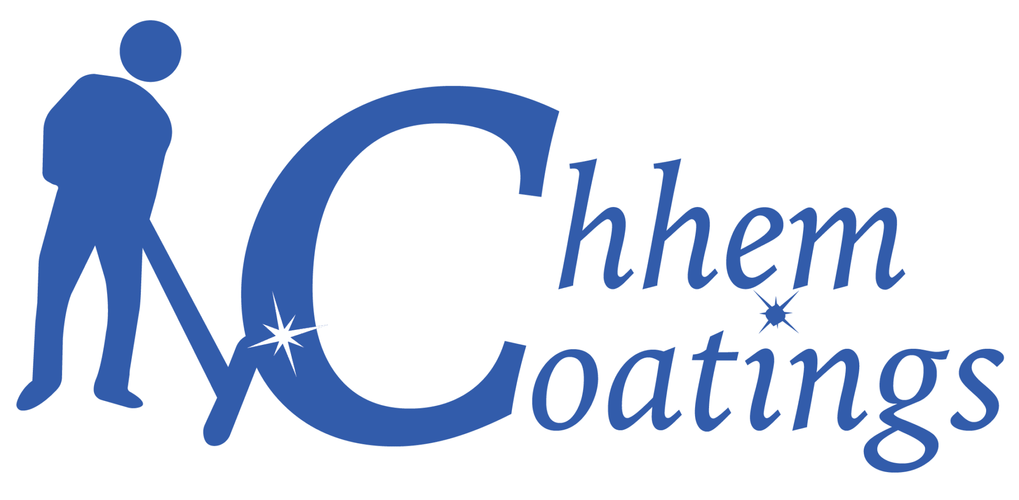 This image depicts a logo that includes a stylized silhouette of a person leaning on a capital letter 'C', which forms part of the words "Chem Coatings" in blue color against a black background, accented by two sparkling stars.