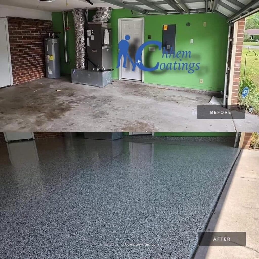 This split-image shows a garage's transformation. The 'Before' top-half depicts a plain concrete floor, while the 'After' bottom-half features a polished, speckled floor coating.