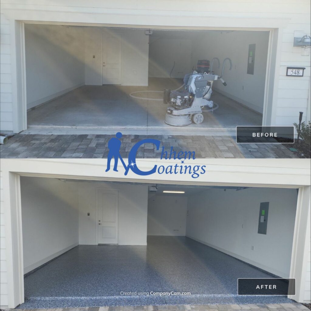 The image is a split-view of a garage before and after a coating service, showing a transformation from a bare concrete floor to a finished, coated surface.